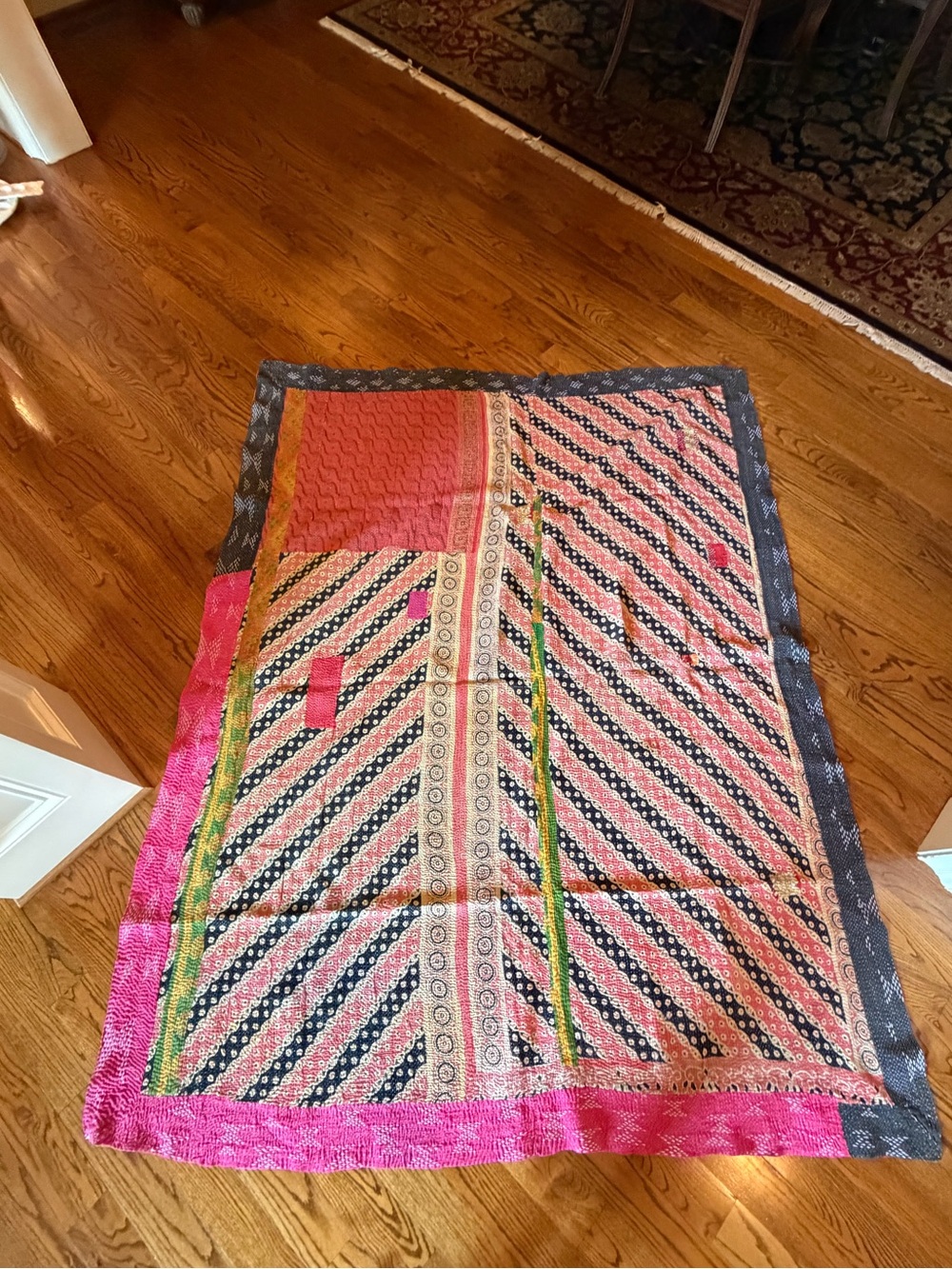 Vibrant Pink and Gray Kantha-Style Throw Blanket